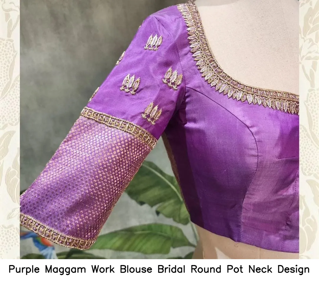 Purple Maggam Work Blouse Bridal Round Pot Neck Design