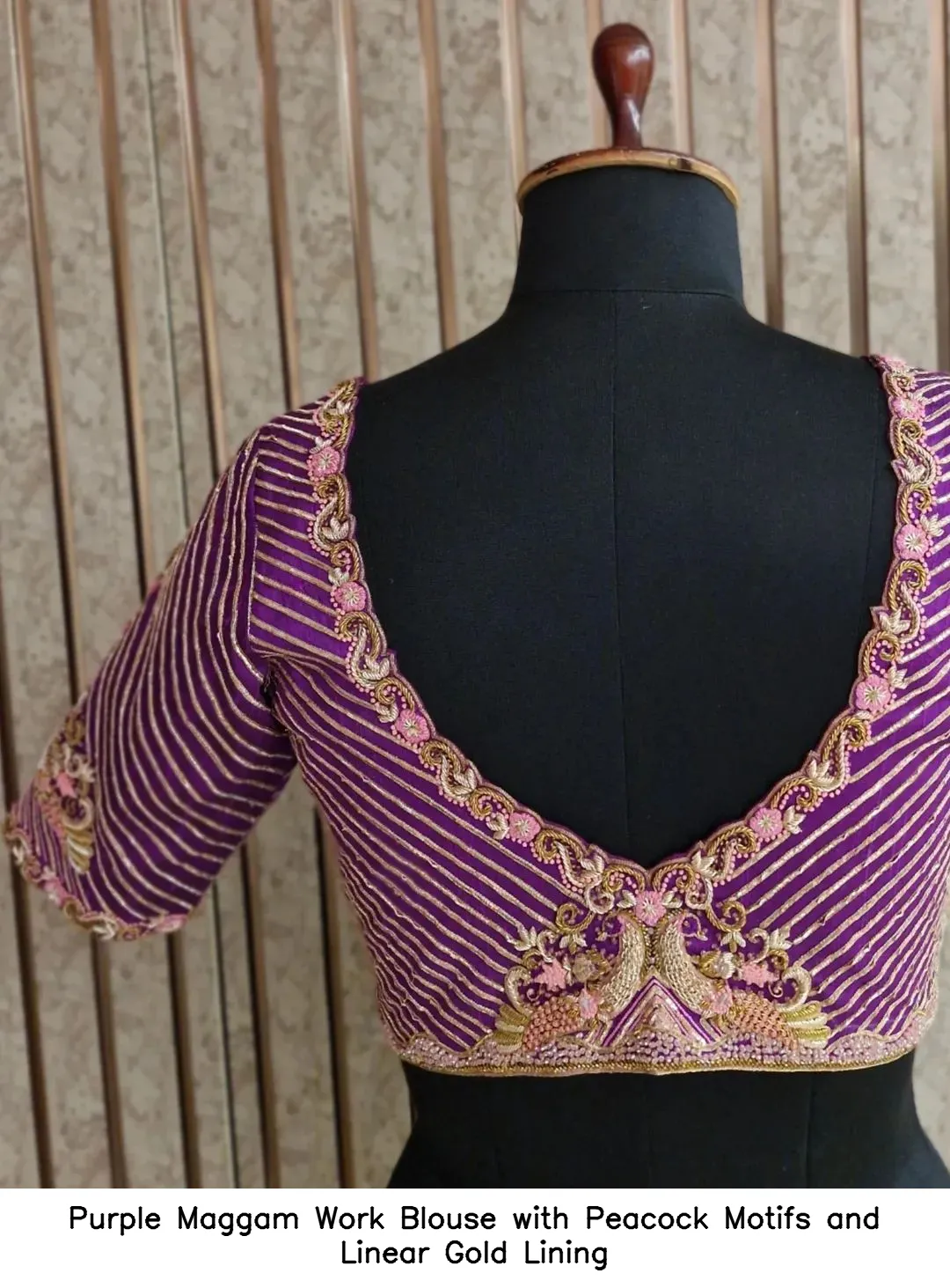 Purple Maggam Work Blouse with Peacock Motifs and Linear Gold Lining
