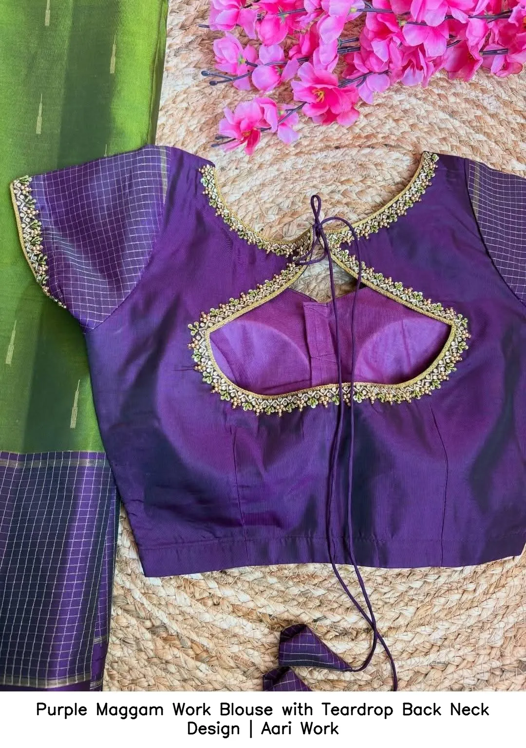 Purple Maggam Work Blouse with Teardrop Back Neck Design | Aari Work