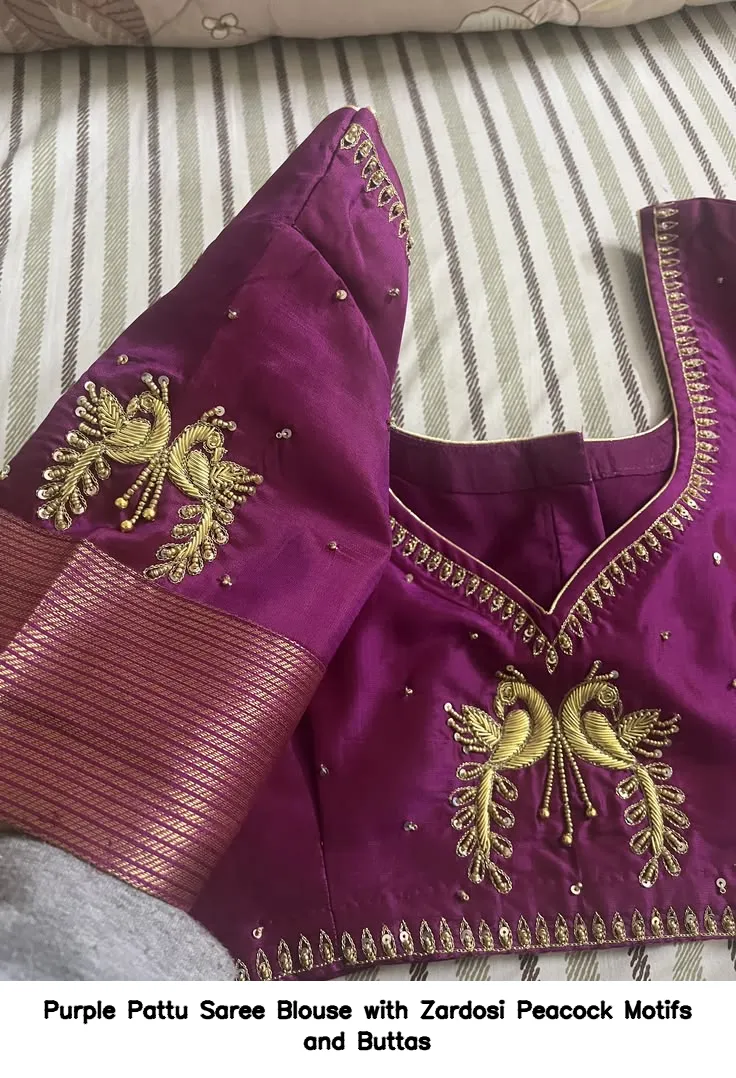 Purple Pattu Saree Blouse with Zardosi Peacock Motifs and Buttas