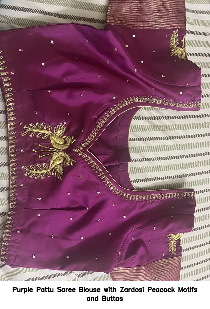 Purple Pattu Saree Blouse with Zardosi Peacock Motifs and Buttas