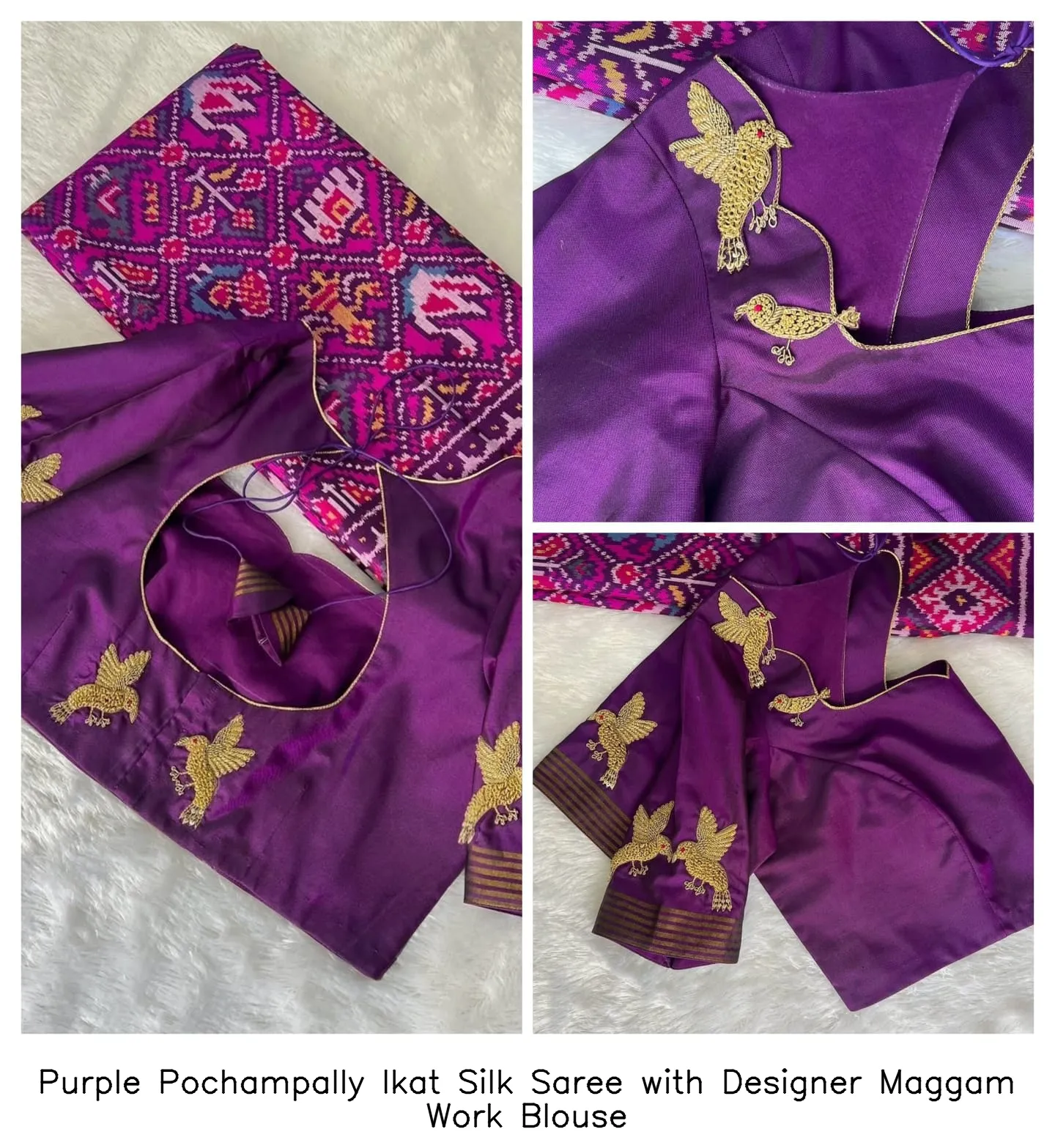 Purple Pochampally Ikat Silk Saree with Designer Maggam Work Blouse