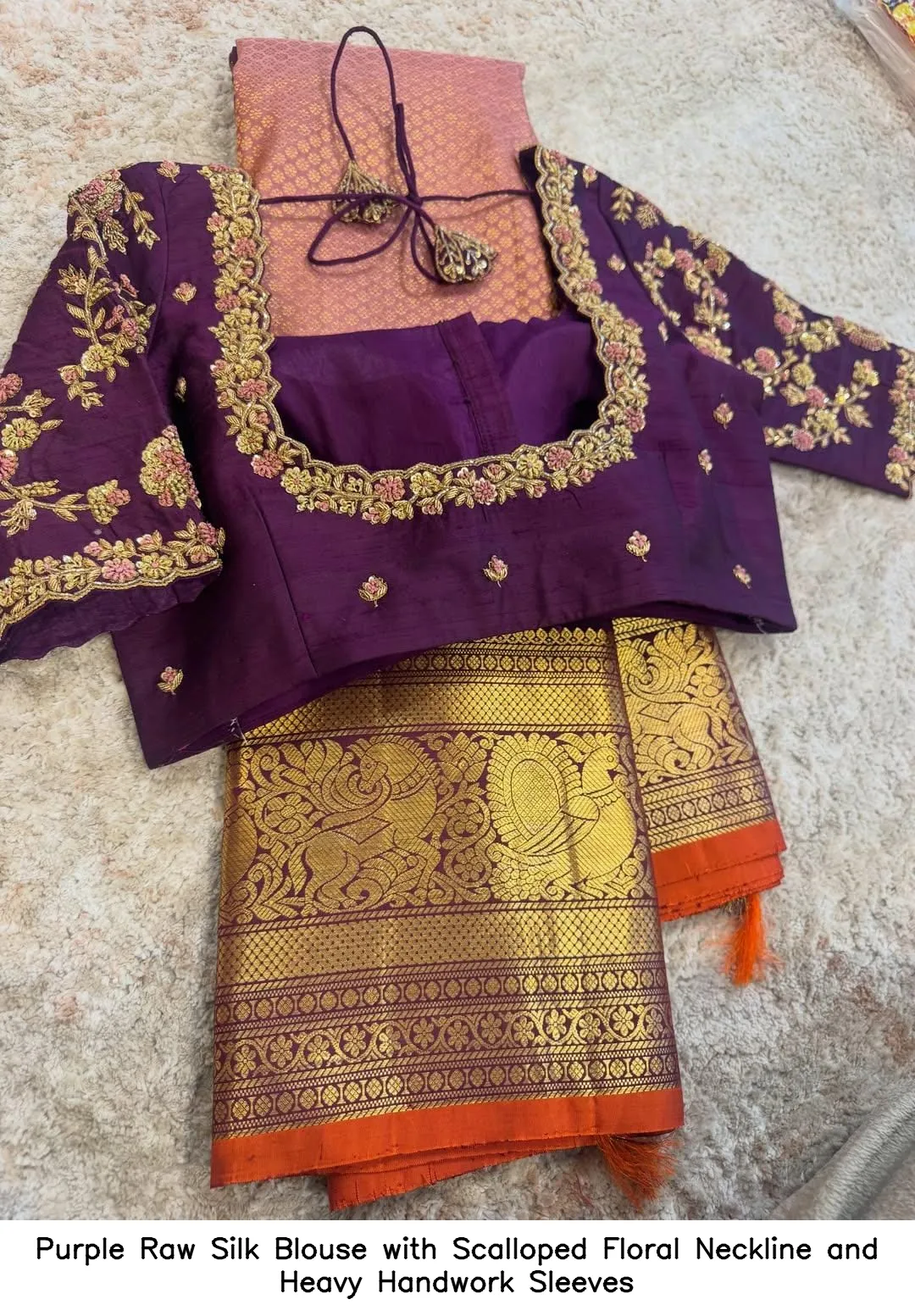 Purple Raw Silk Blouse with Scalloped Floral Neckline and Heavy Handwork Sleeves