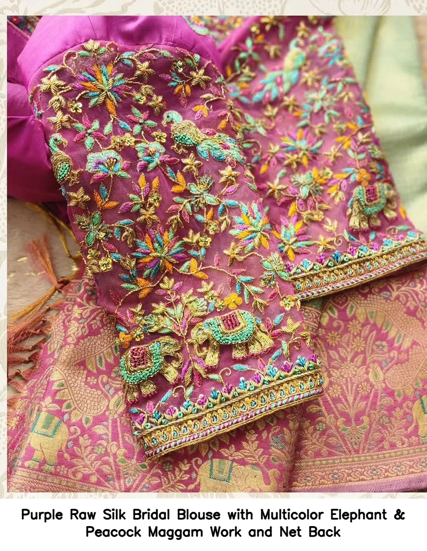 Purple Raw Silk Bridal Blouse with Multicolor Elephant & Peacock Maggam Work and Net Back