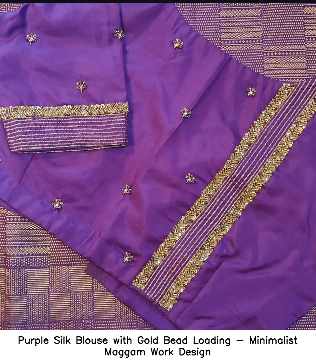 Purple Silk Blouse with Gold Bead Loading - Minimalist Maggam Work Design