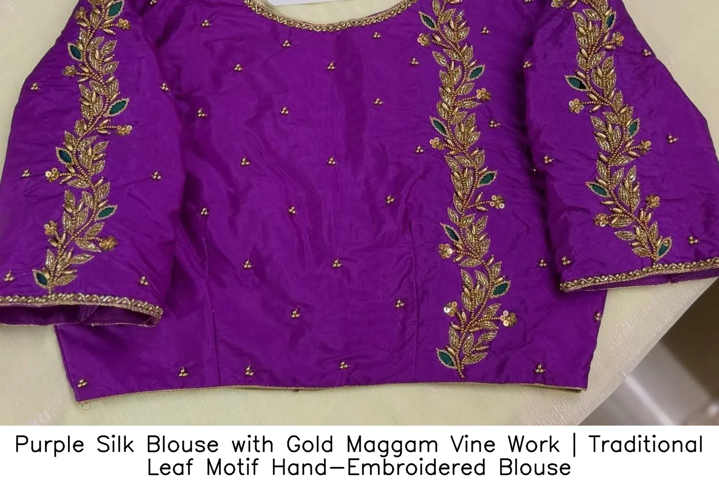 Purple Silk Blouse with Gold Maggam Vine Work | Traditional Leaf Motif Hand-Embroidered Blouse