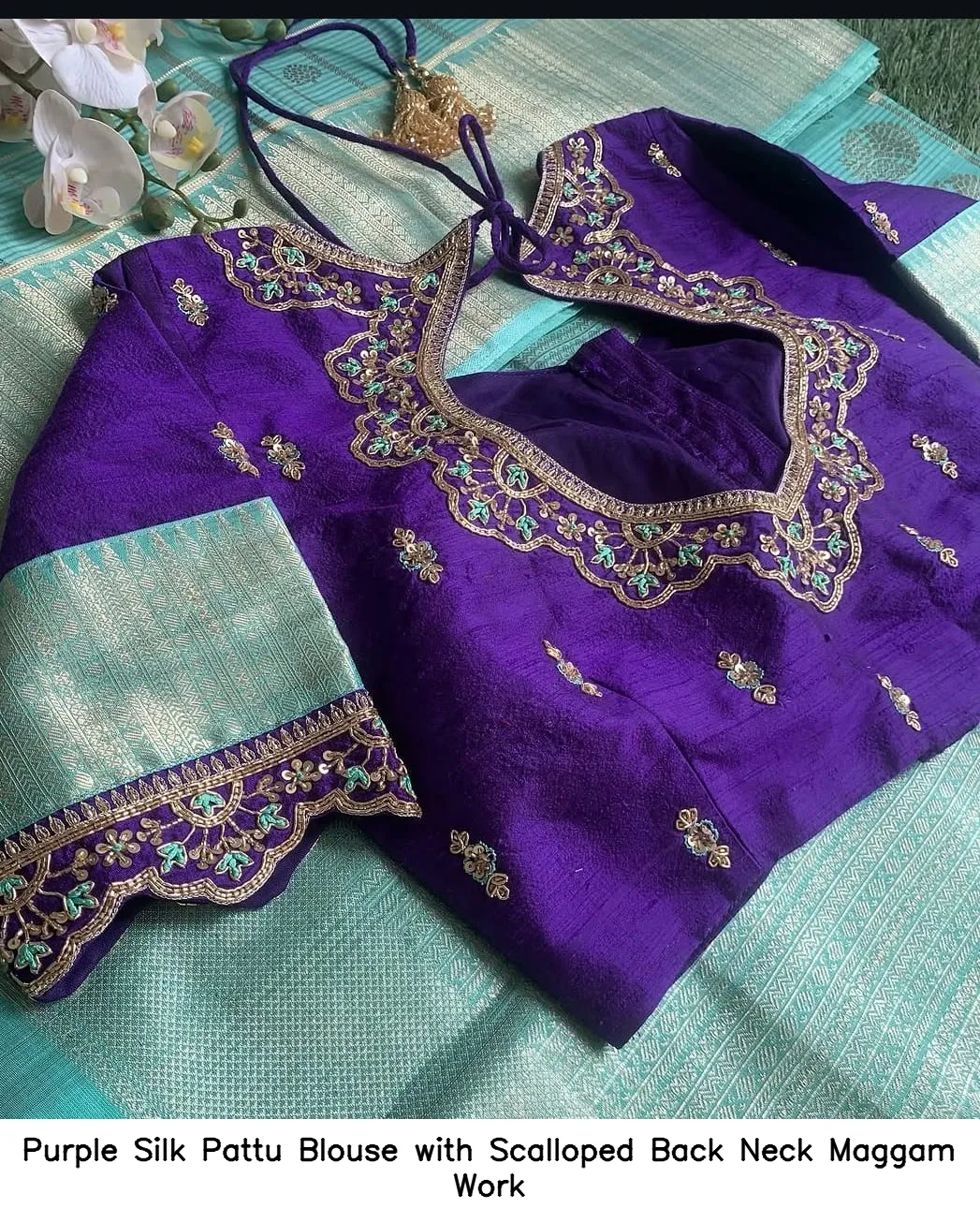 Purple Silk Pattu Blouse with Scalloped Back Neck Maggam Work