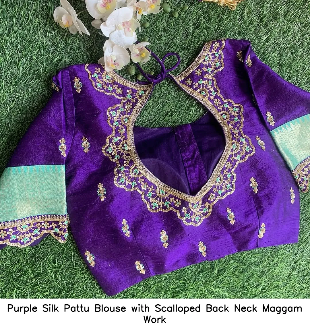 Purple Silk Pattu Blouse with Scalloped Back Neck Maggam Work