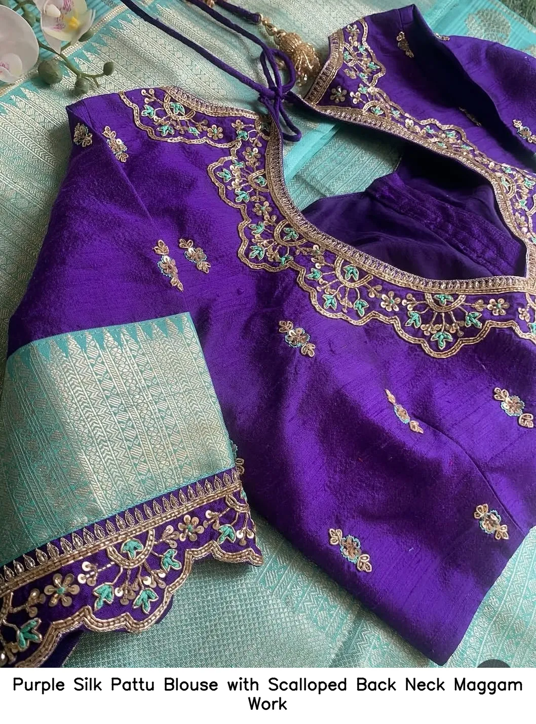Purple Silk Pattu Blouse with Scalloped Back Neck Maggam Work
