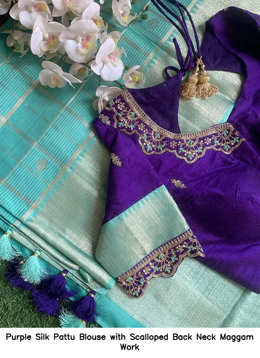 Purple Silk Pattu Blouse with Scalloped Back Neck Maggam Work