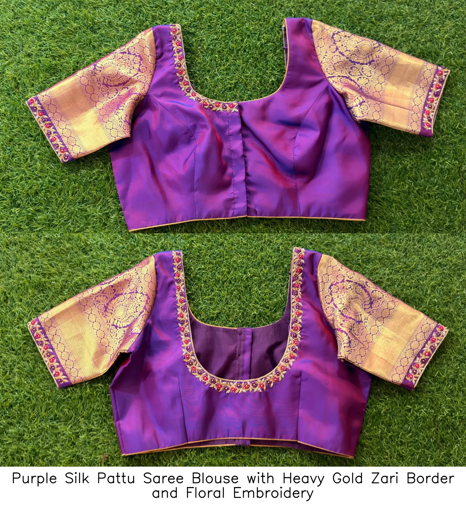 Purple Silk Pattu Saree Blouse with Heavy Gold Zari Border and Floral Embroidery