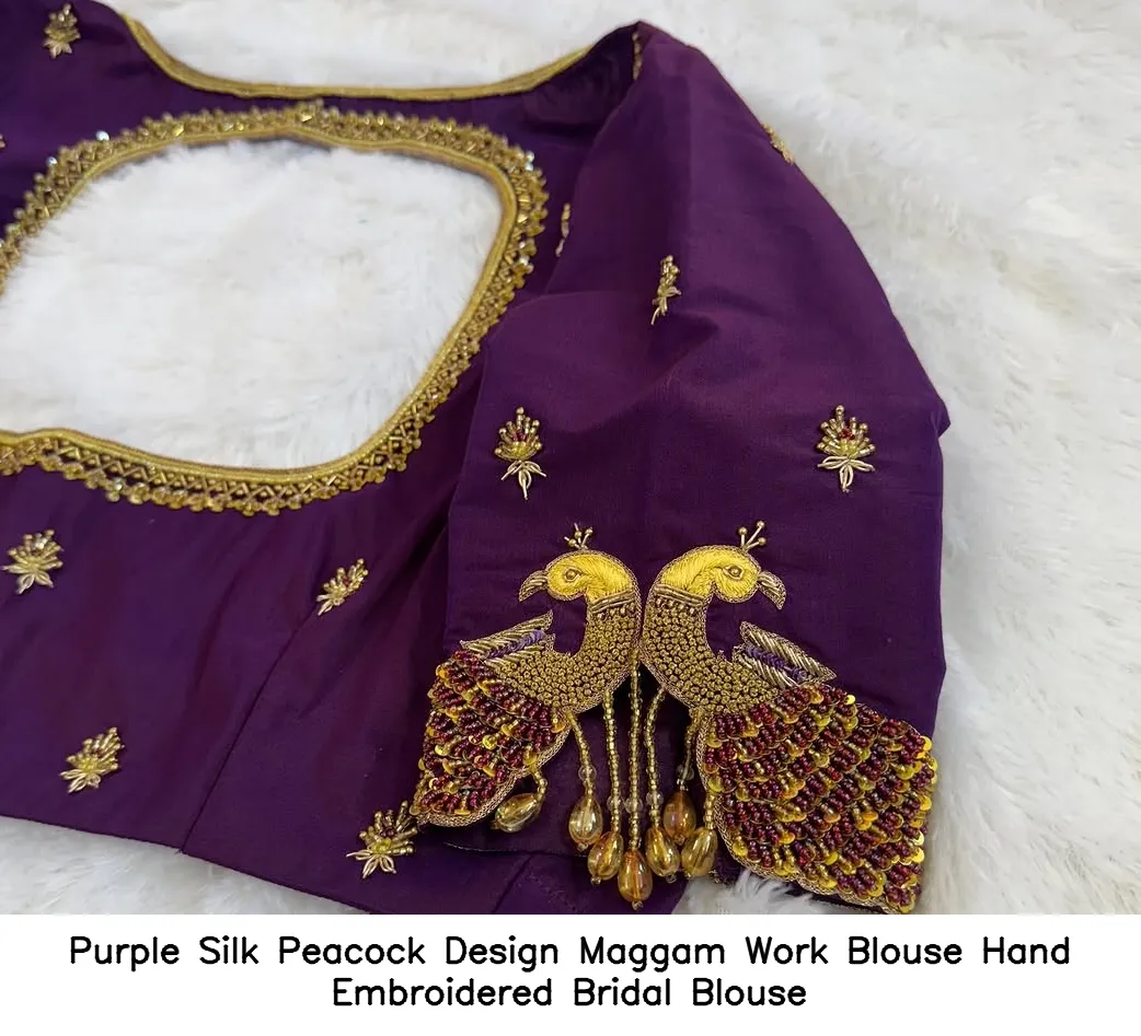 Purple Silk Peacock Design Maggam Work Blouse Hand Embroidered Bridal Blouse