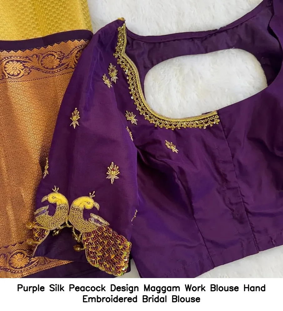 Purple Silk Peacock Design Maggam Work Blouse Hand Embroidered Bridal Blouse