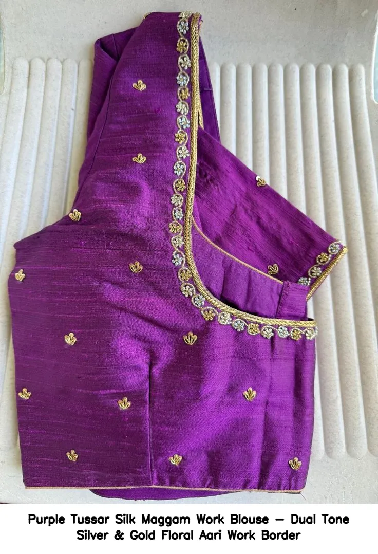 Purple Tussar Silk Maggam Work Blouse - Dual Tone Silver & Gold Floral Aari Work Border