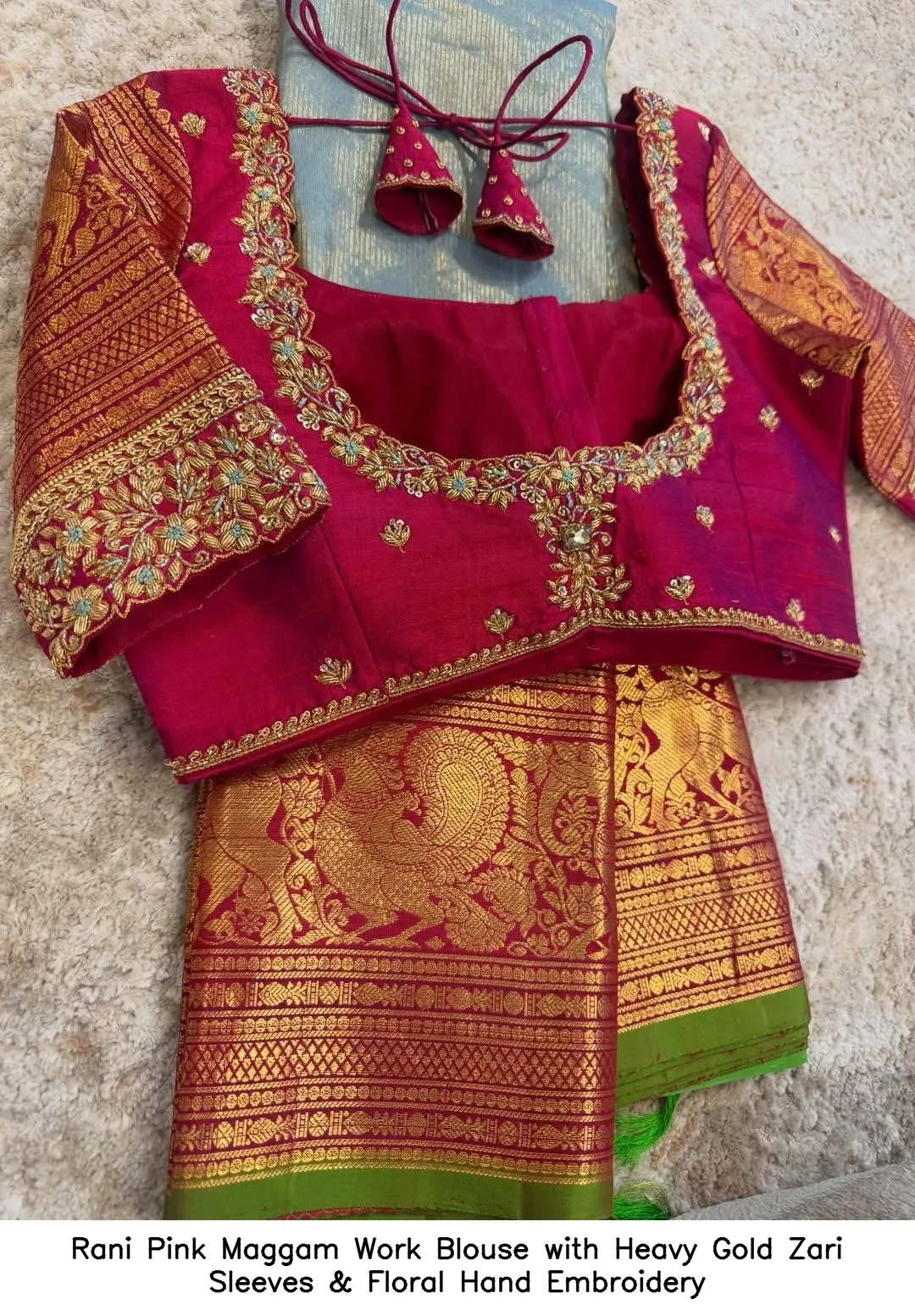 Rani Pink Maggam Work Blouse with Heavy Gold Zari Sleeves & Floral Hand Embroidery
