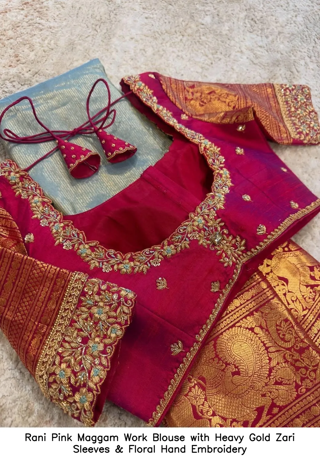 Rani Pink Maggam Work Blouse with Heavy Gold Zari Sleeves & Floral Hand Embroidery