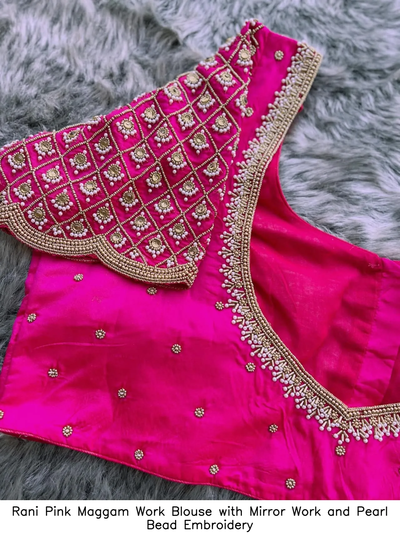 Rani Pink Maggam Work Blouse with Mirror Work and Pearl Bead Embroidery