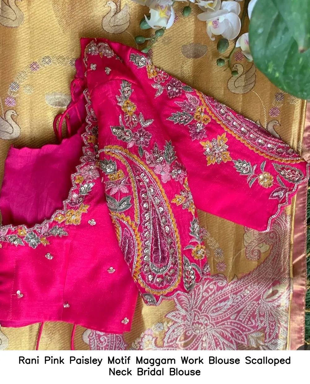 Rani Pink Paisley Motif Maggam Work Blouse Scalloped Neck Bridal Blouse