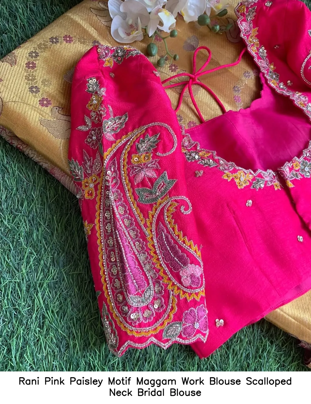 Rani Pink Paisley Motif Maggam Work Blouse Scalloped Neck Bridal Blouse
