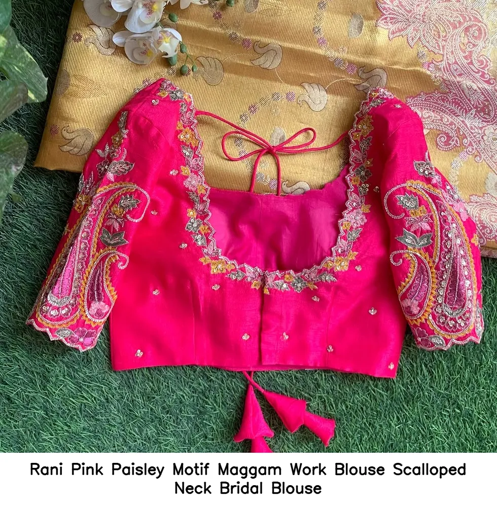 Rani Pink Paisley Motif Maggam Work Blouse Scalloped Neck Bridal Blouse