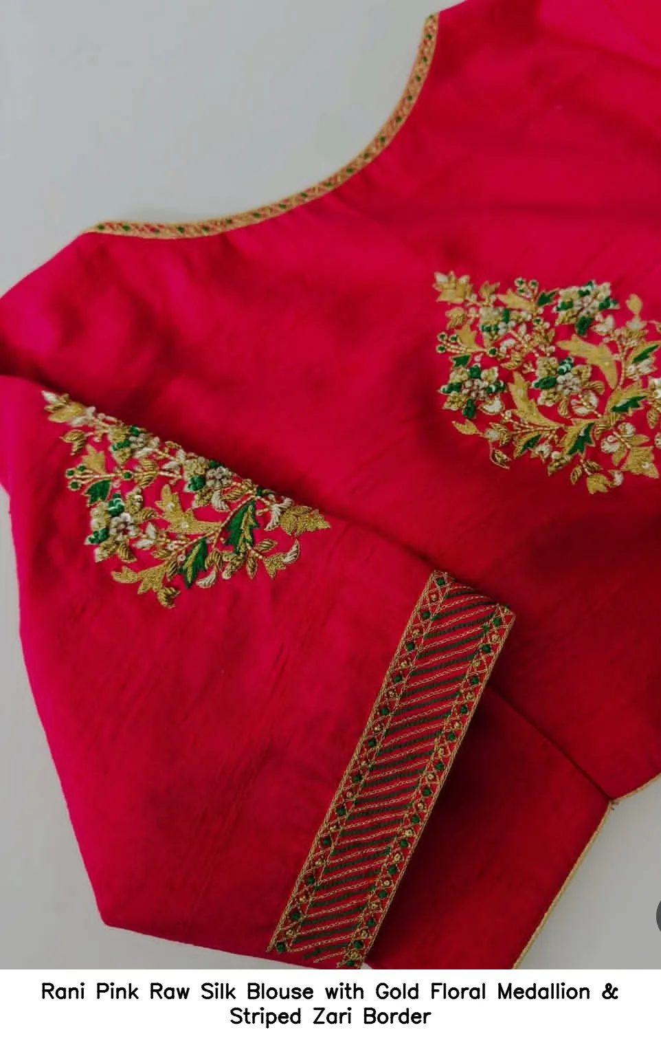 Rani Pink Raw Silk Blouse with Gold Floral Medallion & Striped Zari Border
