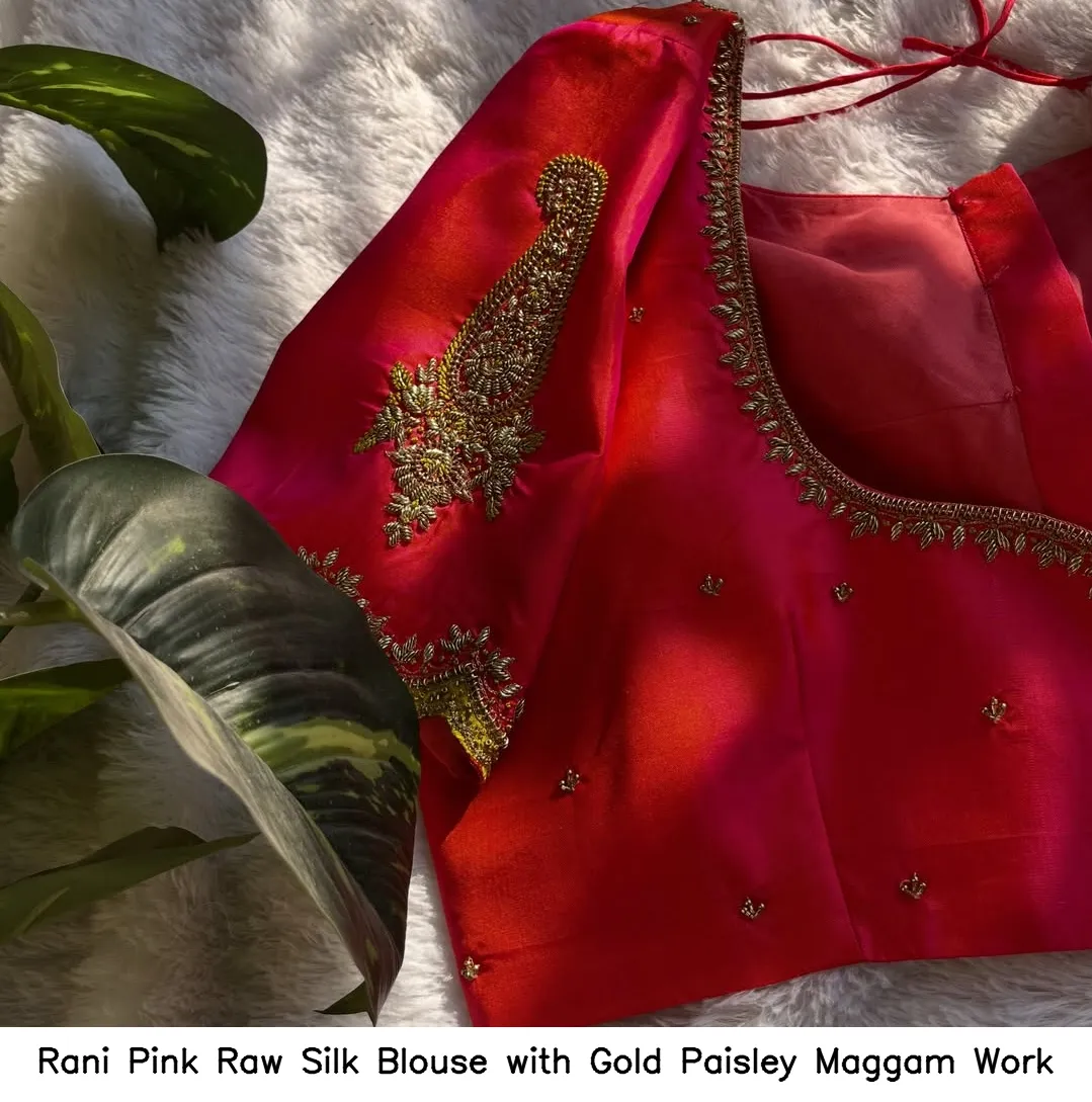 Rani Pink Raw Silk Blouse with Gold Paisley Maggam Work