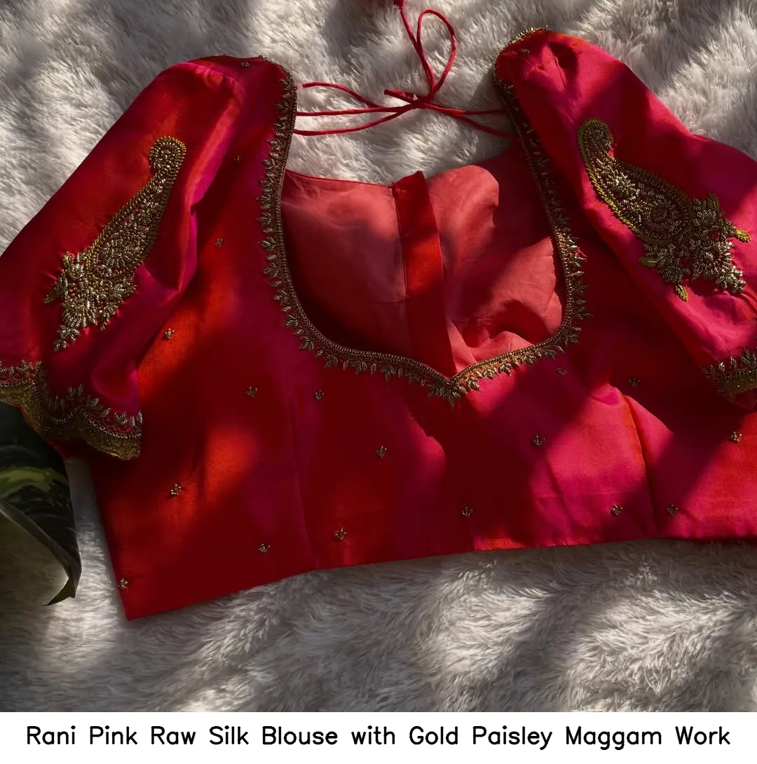 Rani Pink Raw Silk Blouse with Gold Paisley Maggam Work