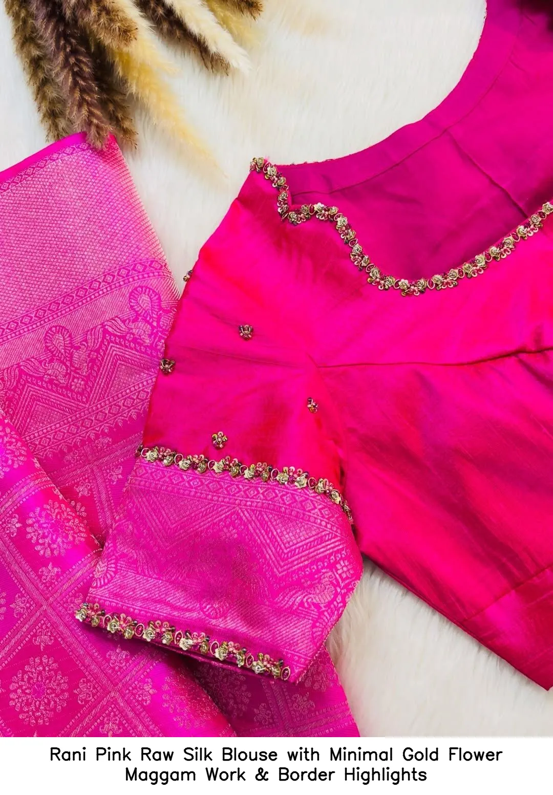 Rani Pink Raw Silk Blouse with Minimal Gold Flower Maggam Work & Border Highlights