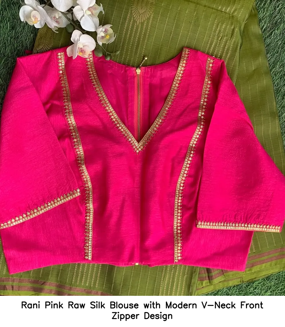 Rani Pink Raw Silk Blouse with Modern V-Neck Front Zipper Design