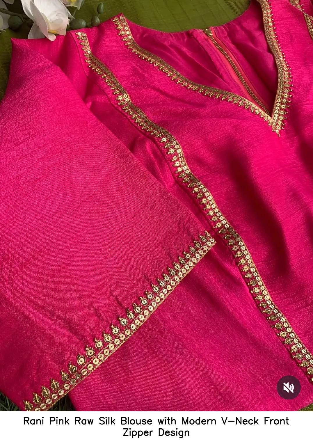 Rani Pink Raw Silk Blouse with Modern V-Neck Front Zipper Design