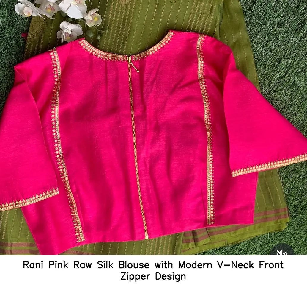 Rani Pink Raw Silk Blouse with Modern V-Neck Front Zipper Design