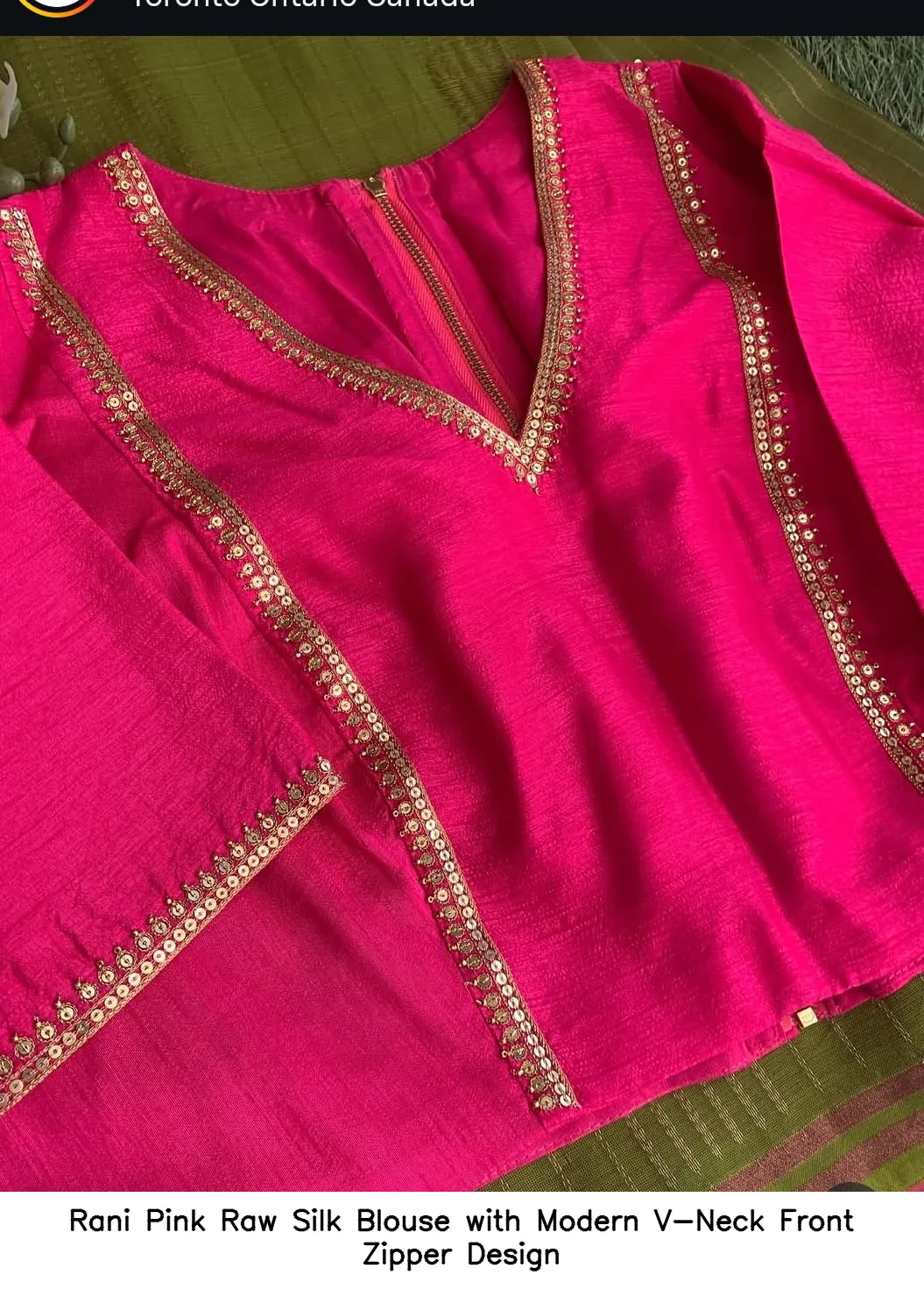 Rani Pink Raw Silk Blouse with Modern V-Neck Front Zipper Design