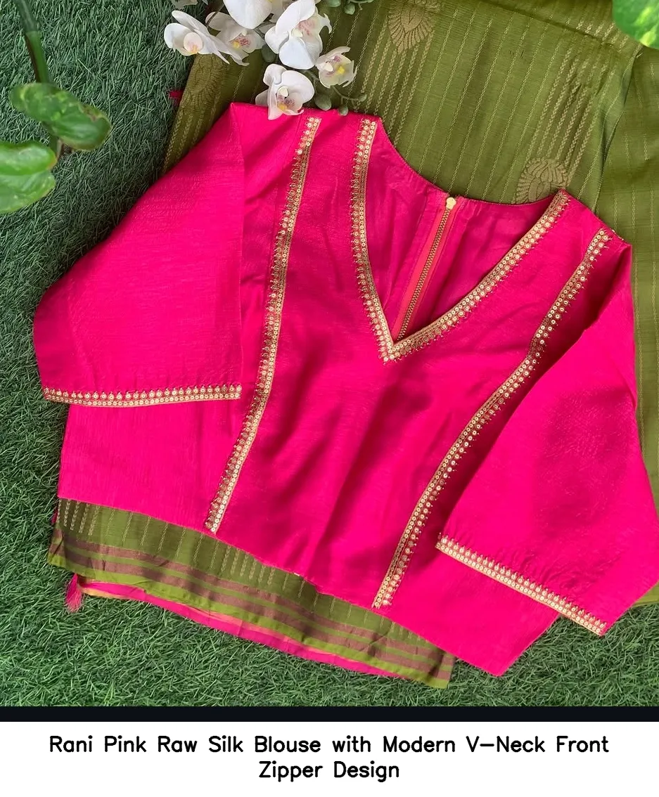 Rani Pink Raw Silk Blouse with Modern V-Neck Front Zipper Design