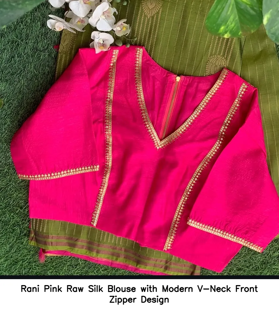 Rani Pink Raw Silk Blouse with Modern V-Neck Front Zipper Design