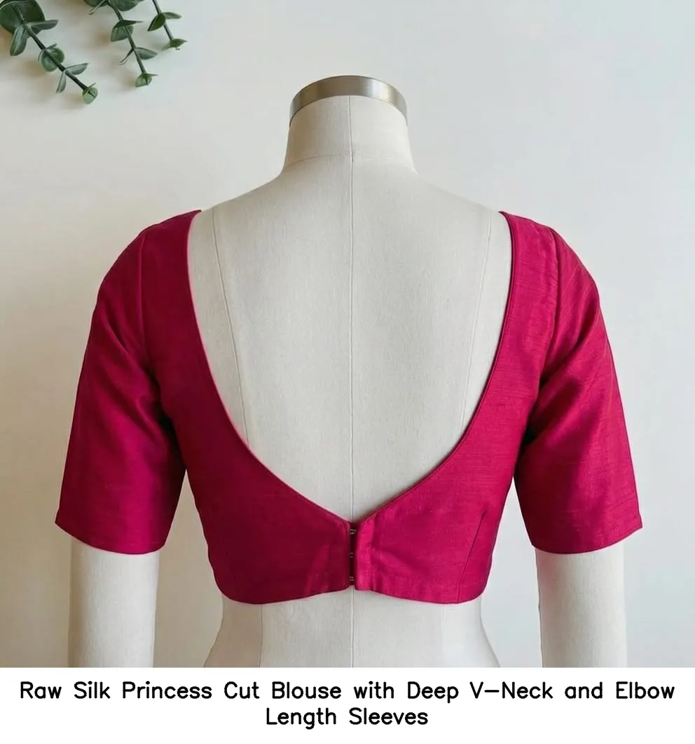 Raw Silk Princess Cut Blouse with Deep V-Neck and Elbow Length Sleeves