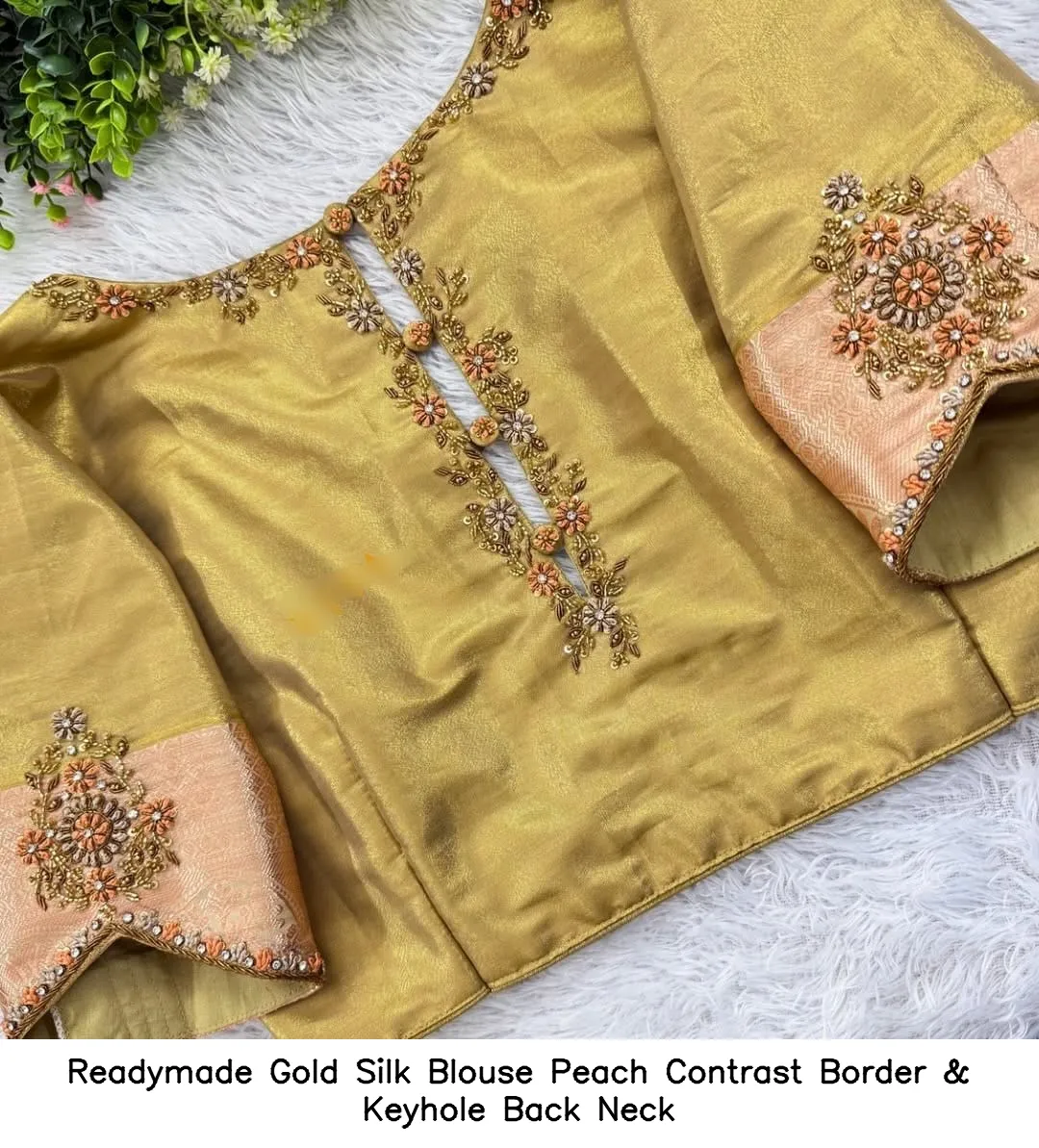 Readymade Gold Silk Blouse – Peach Contrast Border & Keyhole Back Neck