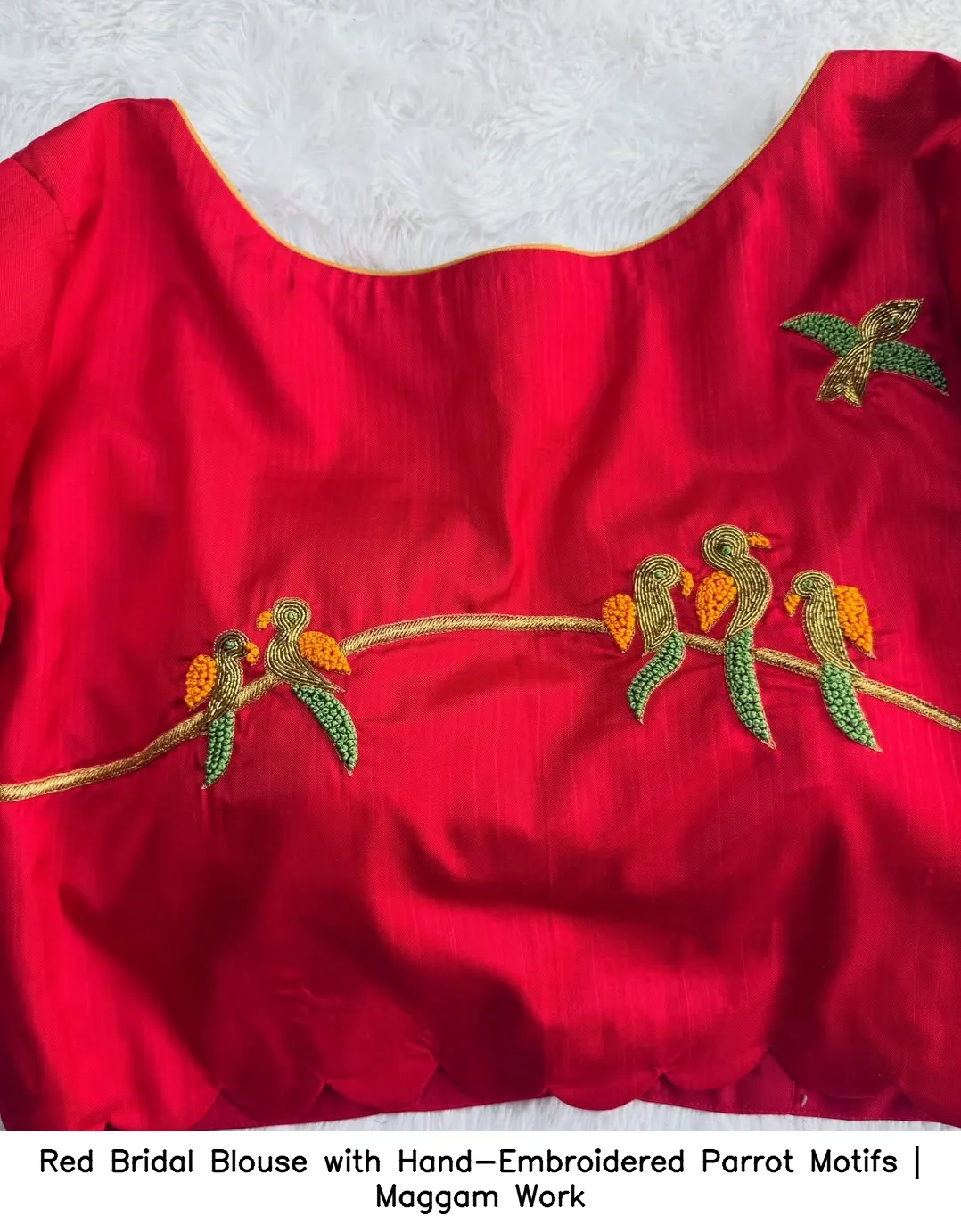 Red Bridal Blouse with Hand-Embroidered Parrot Motifs | Maggam Work