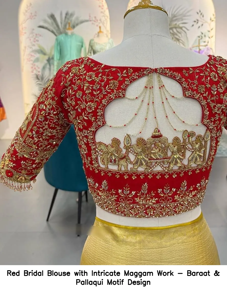 Red Bridal Blouse with Intricate Maggam Work - Baraat & Pallaqui Motif Design