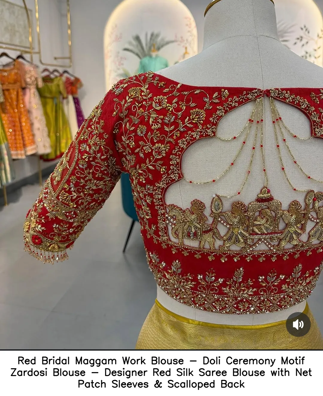 Red Bridal Maggam Work Blouse - Doli Ceremony Motif Zardosi Blouse - Designer Red Silk Saree Blouse with Net Patch Sleeves & Scalloped Back