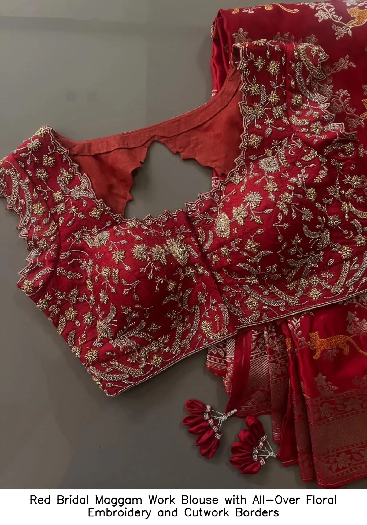 Red Bridal Maggam Work Blouse with All-Over Floral Embroidery and Cutwork Borders