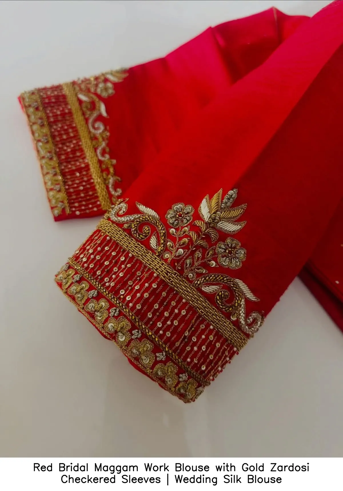 Red Bridal Maggam Work Blouse with Gold Zardosi Checkered Sleeves | Wedding Silk Blouse