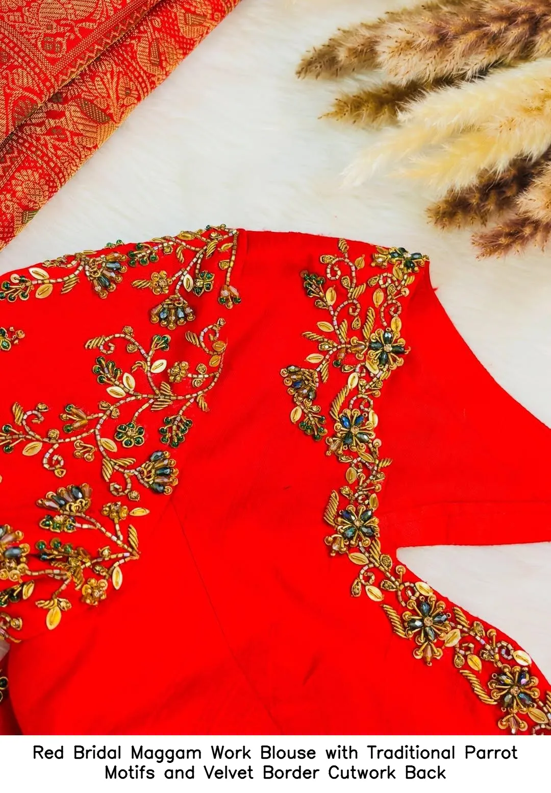 Red Bridal Maggam Work Blouse with Traditional Parrot Motifs and Velvet Border Cutwork Back