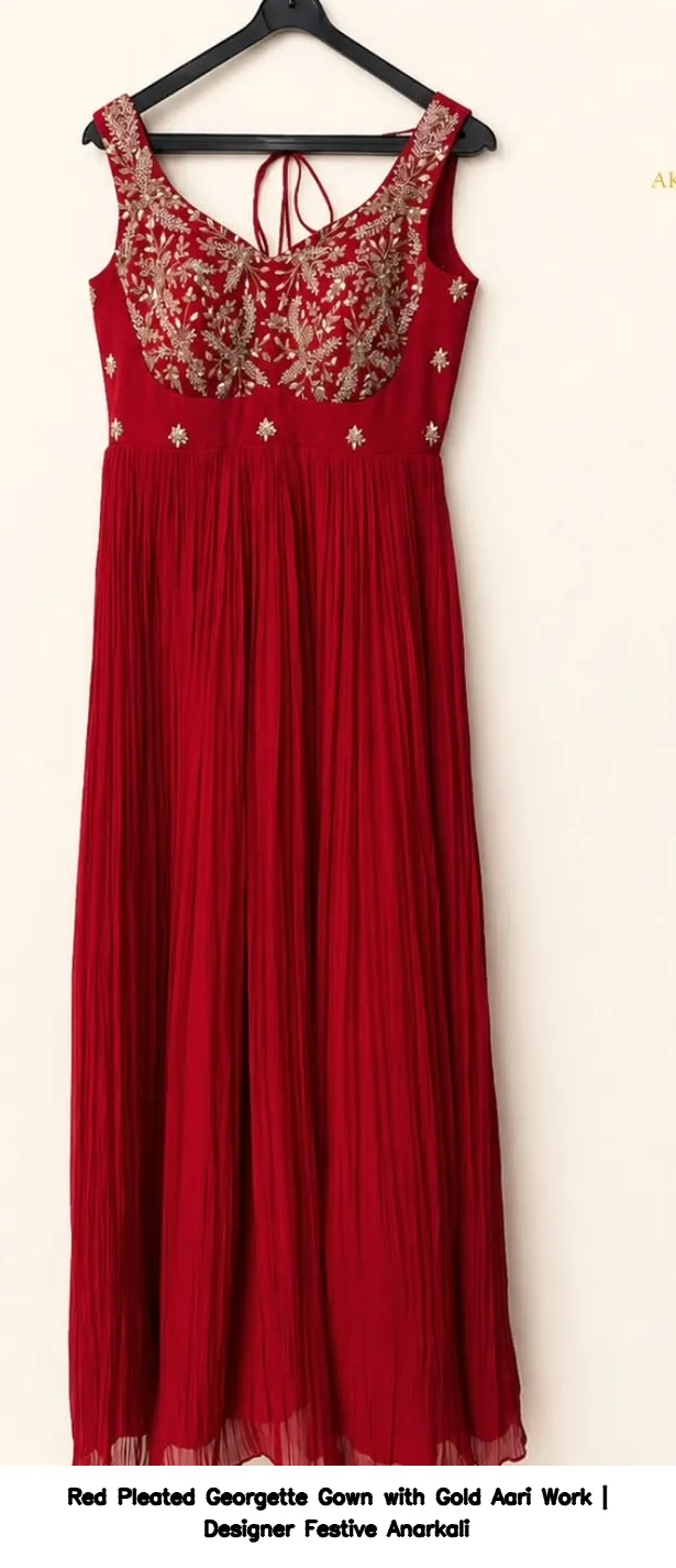 Red Pleated Georgette Gown with Gold Aari Work | Designer Festive Anarkali