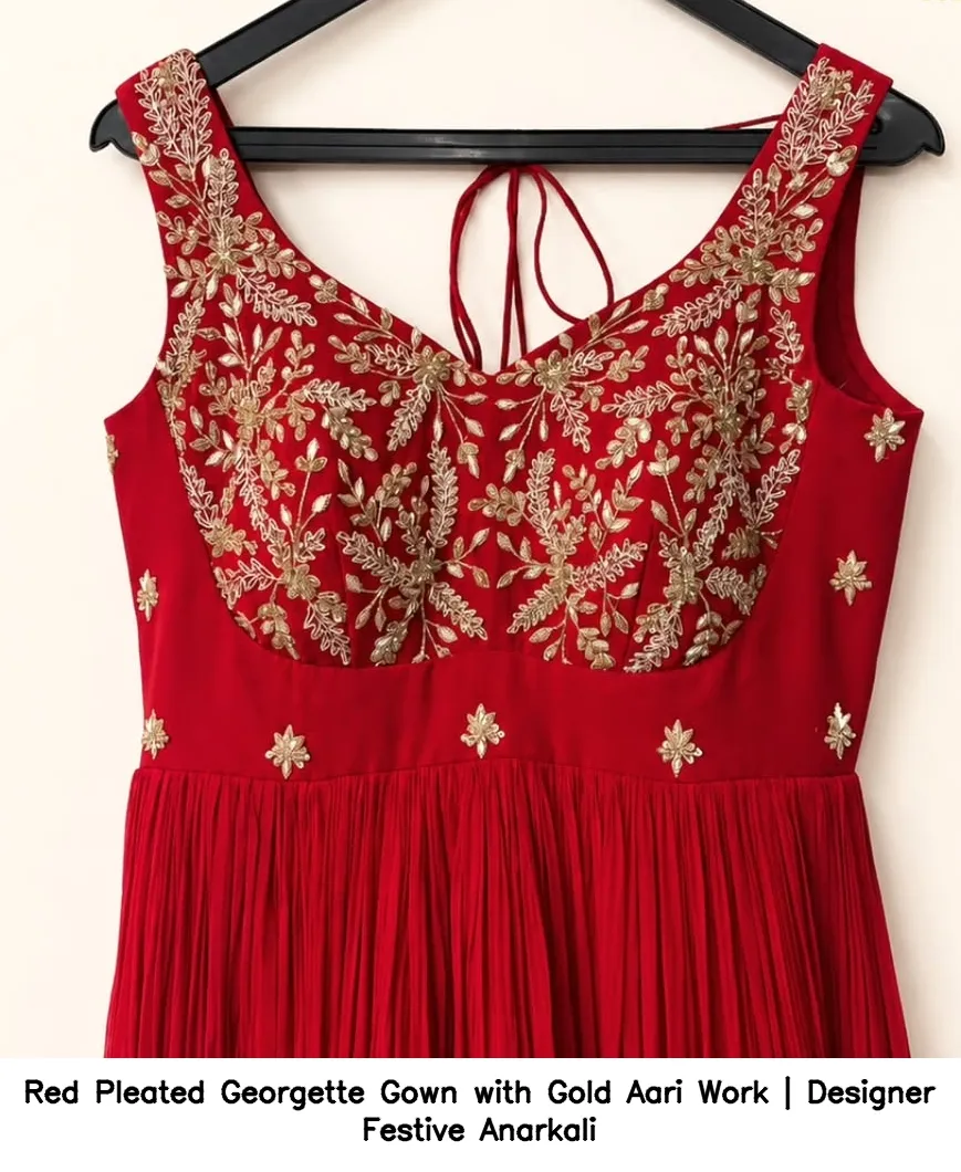 Red Pleated Georgette Gown with Gold Aari Work | Designer Festive Anarkali