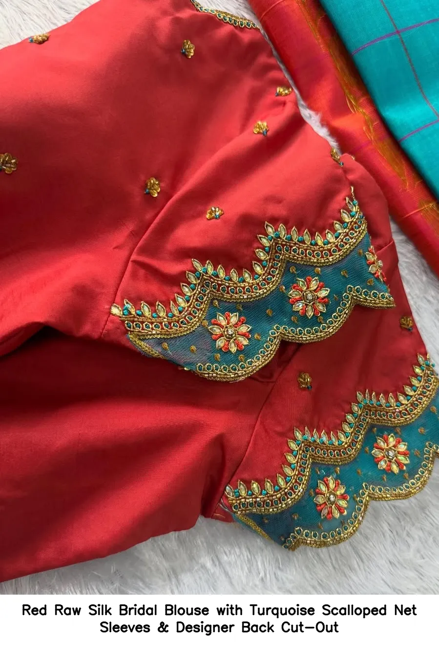 Red Raw Silk Bridal Blouse with Turquoise Scalloped Net Sleeves & Designer Back Cut-Out