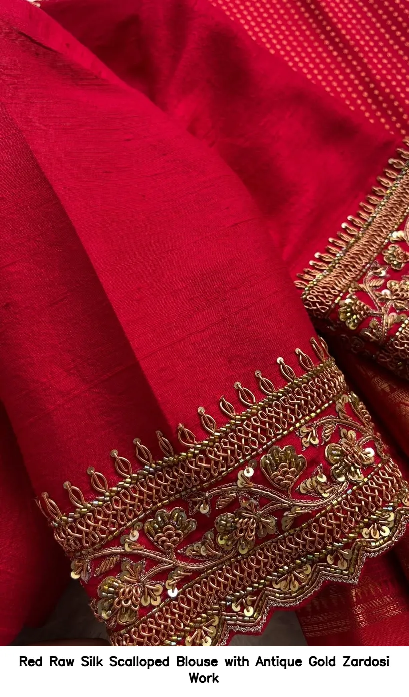 Red Raw Silk Scalloped Blouse with Antique Gold Zardosi Work