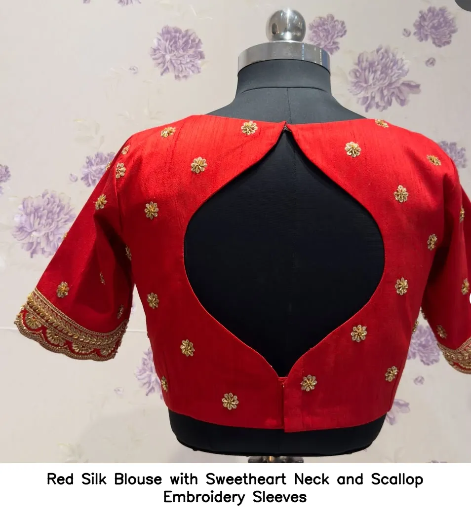 Red Silk Blouse with Sweetheart Neck and Scallop Embroidery Sleeves