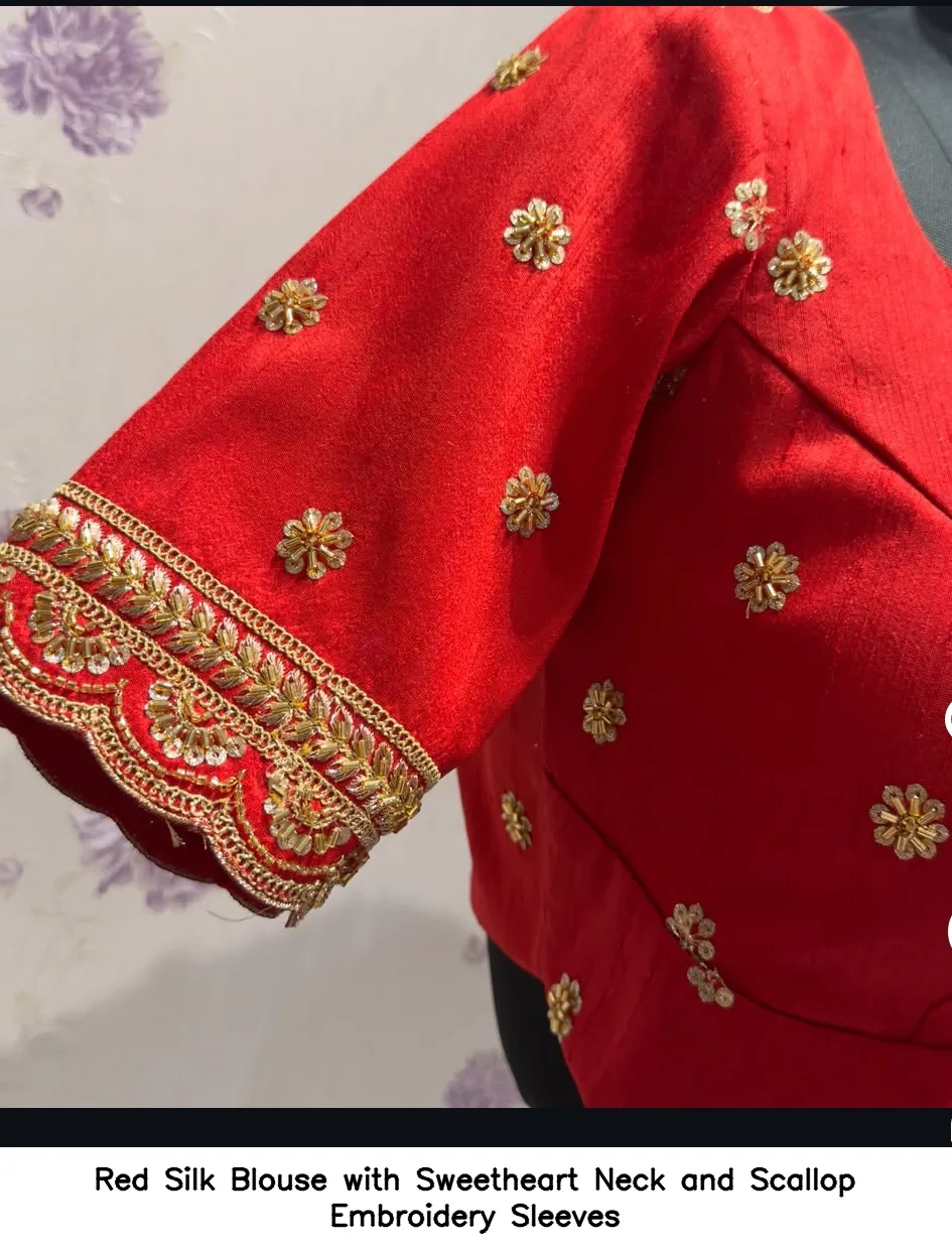 Red Silk Blouse with Sweetheart Neck and Scallop Embroidery Sleeves