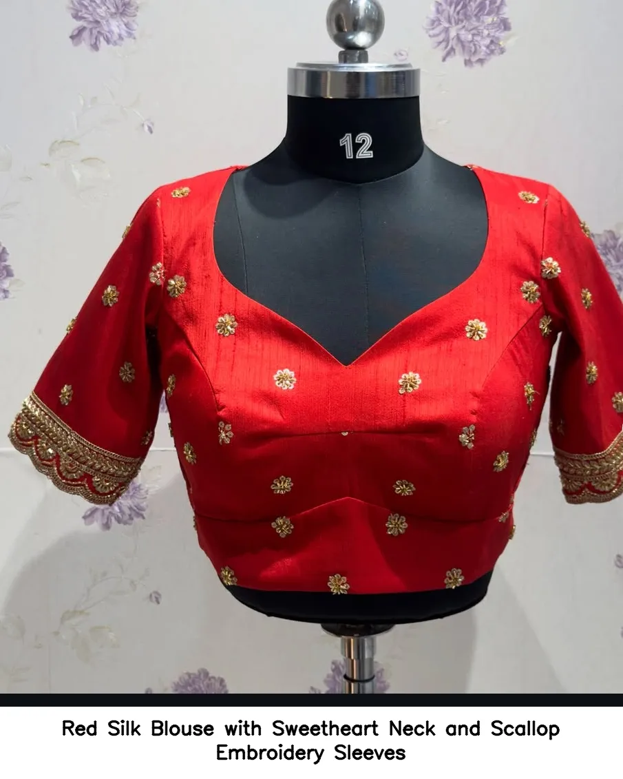 Red Silk Blouse with Sweetheart Neck and Scallop Embroidery Sleeves