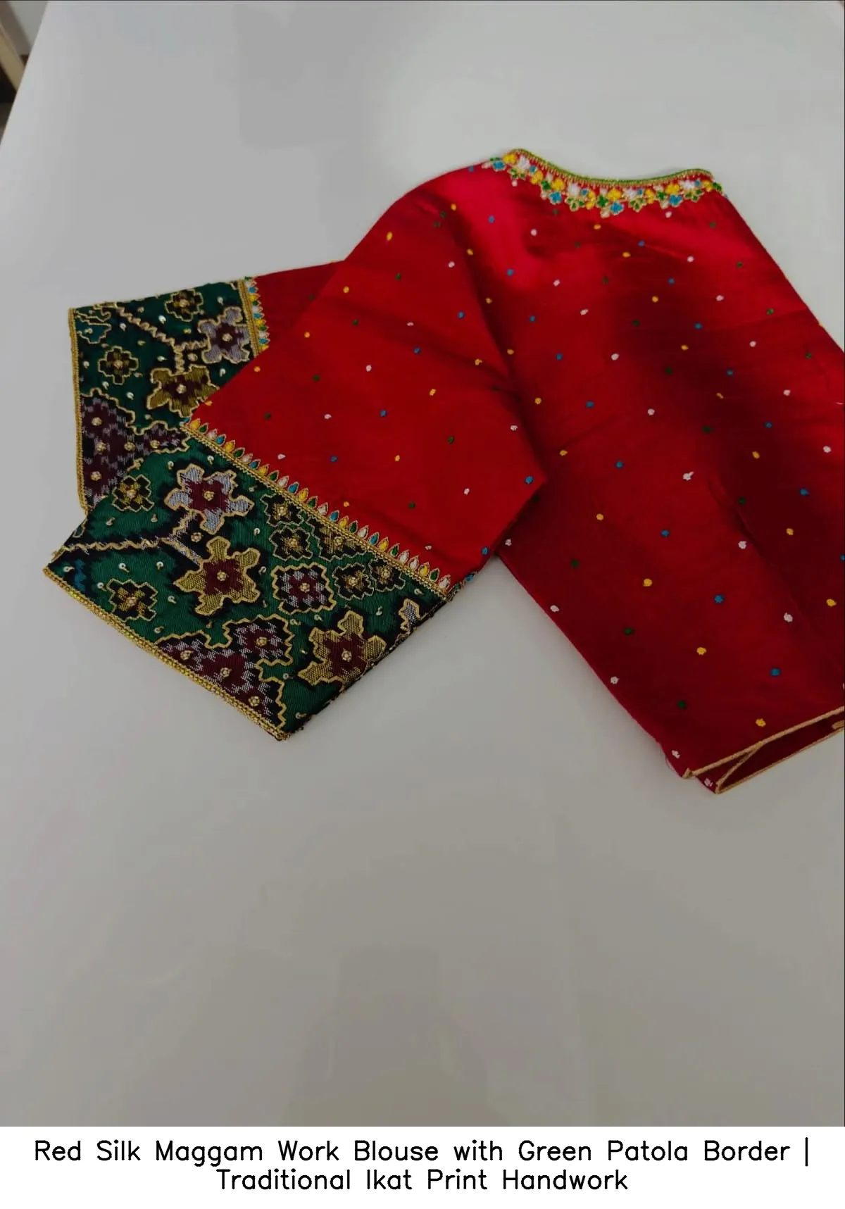 Red Silk Maggam Work Blouse with Green Patola Border | Traditional Ikat Print Handwork